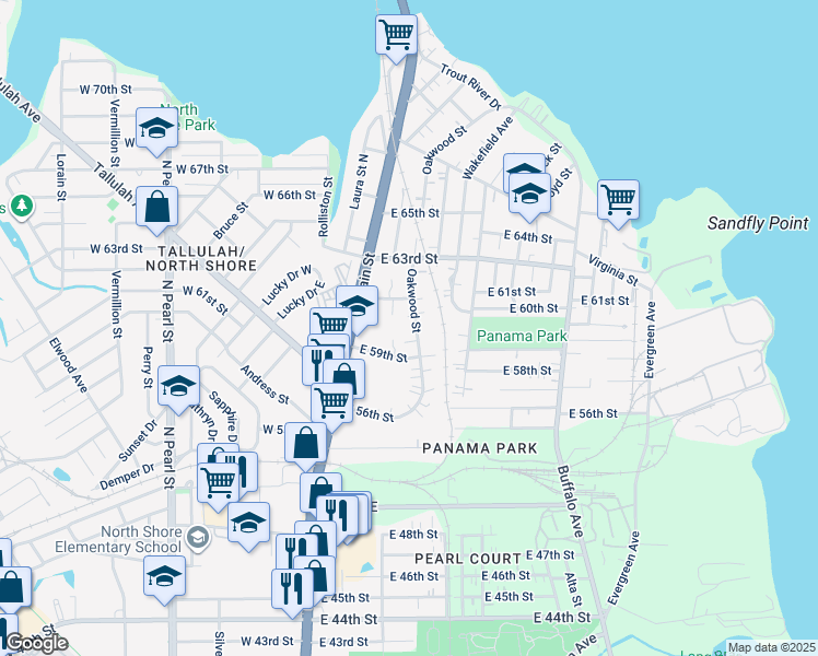 map of restaurants, bars, coffee shops, grocery stores, and more near 6946 Oakwood Street in Jacksonville