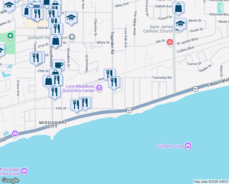 map of restaurants, bars, coffee shops, grocery stores, and more near 162 Tegarden Road in Gulfport