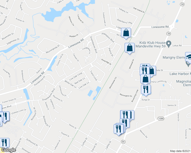 map of restaurants, bars, coffee shops, grocery stores, and more near 35 Teal Court in Mandeville