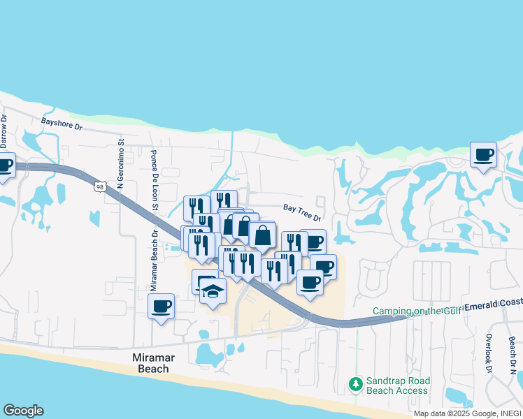map of restaurants, bars, coffee shops, grocery stores, and more near 50 Bay Tree Dr in Destin