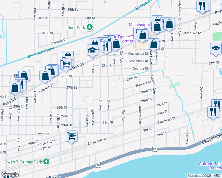 map of restaurants, bars, coffee shops, grocery stores, and more near 2616 5th Avenue in Gulfport