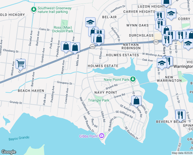 map of restaurants, bars, coffee shops, grocery stores, and more near 317 Northwest Syrcle Drive in Pensacola