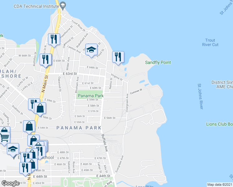 map of restaurants, bars, coffee shops, grocery stores, and more near 834 East 60th Street in Jacksonville