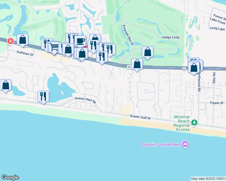 map of restaurants, bars, coffee shops, grocery stores, and more near 3695 Scenic Highway 98 in Destin