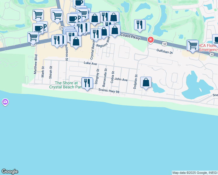 map of restaurants, bars, coffee shops, grocery stores, and more near 64 Cobia Street in Destin