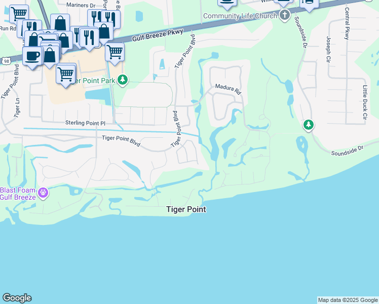 map of restaurants, bars, coffee shops, grocery stores, and more near 1176 Longwood Drive in Gulf Breeze