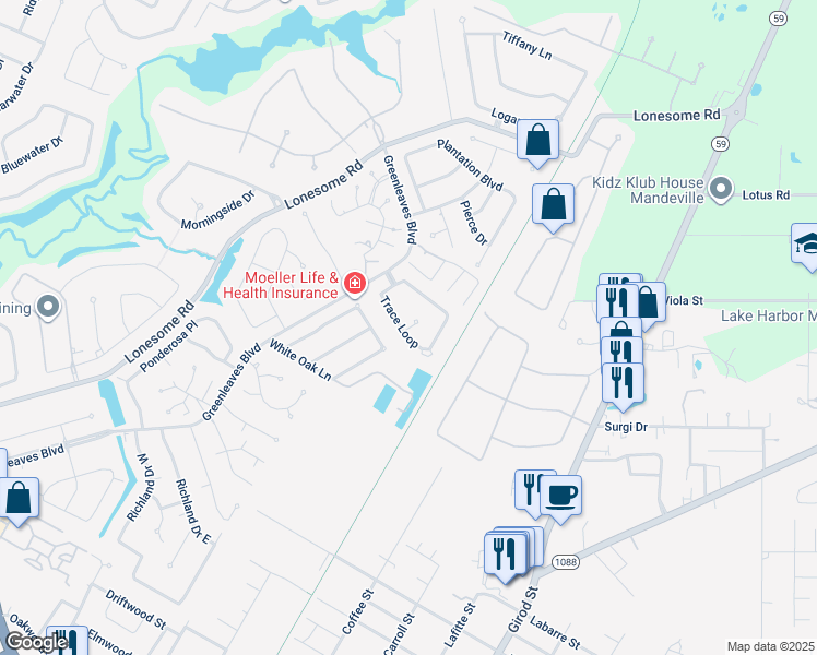 map of restaurants, bars, coffee shops, grocery stores, and more near 35 Teal Court in Mandeville