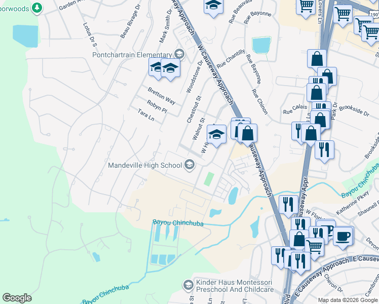 map of restaurants, bars, coffee shops, grocery stores, and more near 300 Walnut street in Mandeville