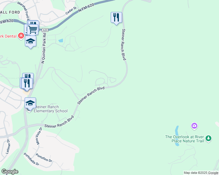 map of restaurants, bars, coffee shops, grocery stores, and more near 4800 Steiner Ranch Boulevard in Austin