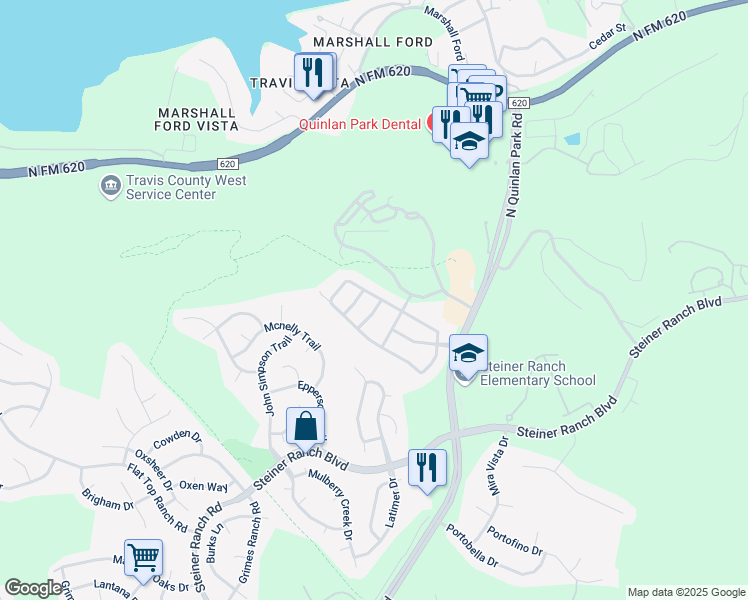 map of restaurants, bars, coffee shops, grocery stores, and more near 4128 Gazley Lane in Austin