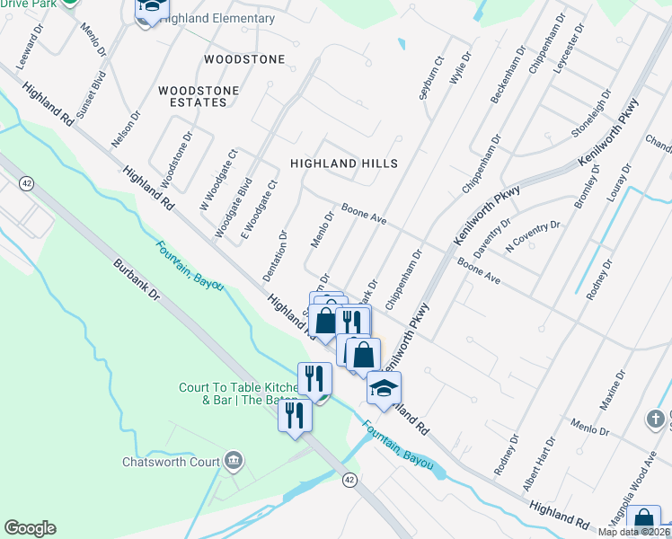 map of restaurants, bars, coffee shops, grocery stores, and more near 346 Seyburn Drive in Baton Rouge