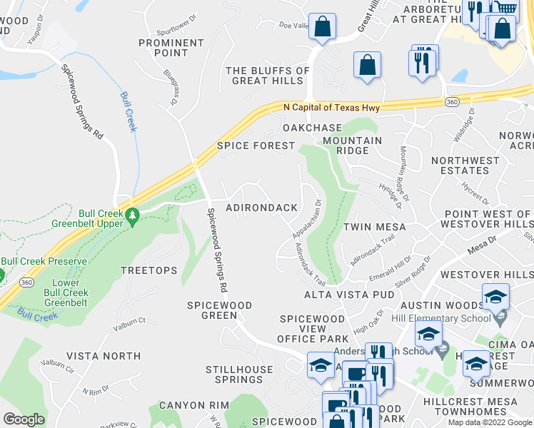 map of restaurants, bars, coffee shops, grocery stores, and more near 8502 Andes Cove in Austin