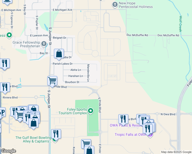 map of restaurants, bars, coffee shops, grocery stores, and more near 2130 Bourbon Street in Foley