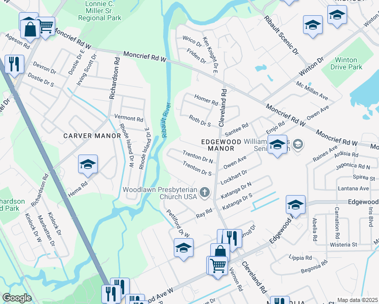 map of restaurants, bars, coffee shops, grocery stores, and more near 4451 Trenton Drive North in Jacksonville