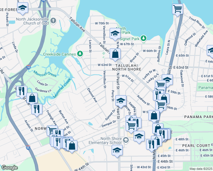 map of restaurants, bars, coffee shops, grocery stores, and more near 6835 Vermillion Street in Jacksonville