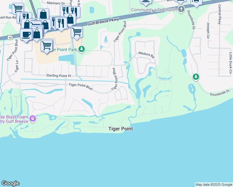 map of restaurants, bars, coffee shops, grocery stores, and more near 1176 Longwood Drive in Gulf Breeze