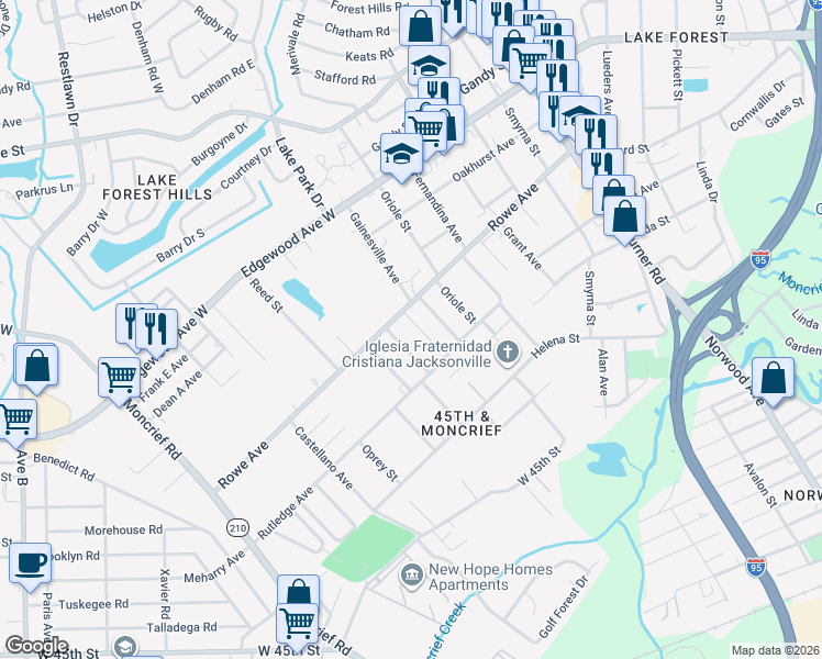 map of restaurants, bars, coffee shops, grocery stores, and more near 5914 Briley Avenue in Jacksonville