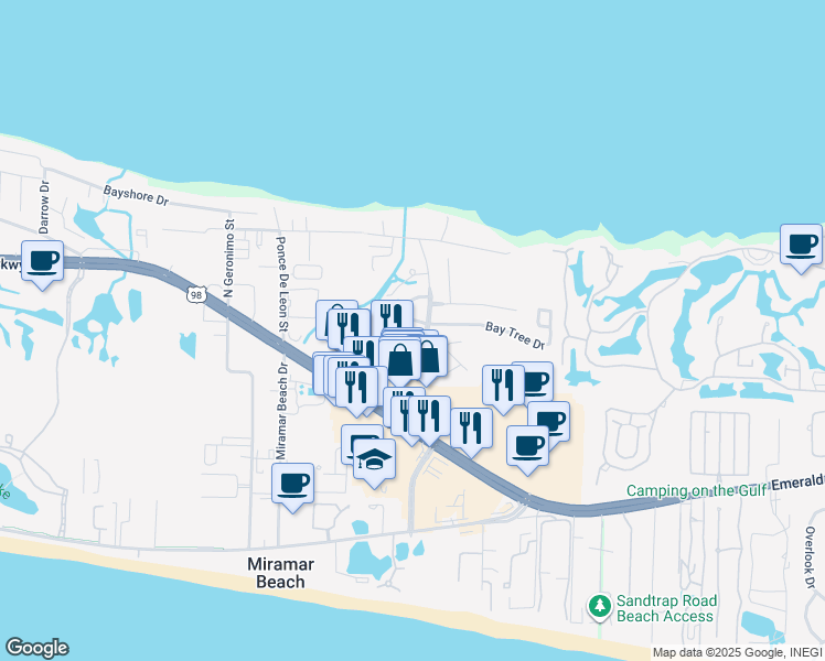 map of restaurants, bars, coffee shops, grocery stores, and more near 29 Bayside Park in Destin