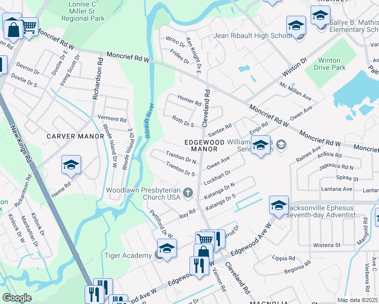 map of restaurants, bars, coffee shops, grocery stores, and more near 4330 Detaille Drive in Jacksonville
