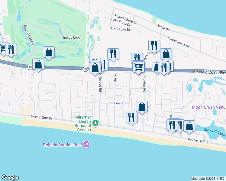 map of restaurants, bars, coffee shops, grocery stores, and more near 327 Ellis Road in Destin