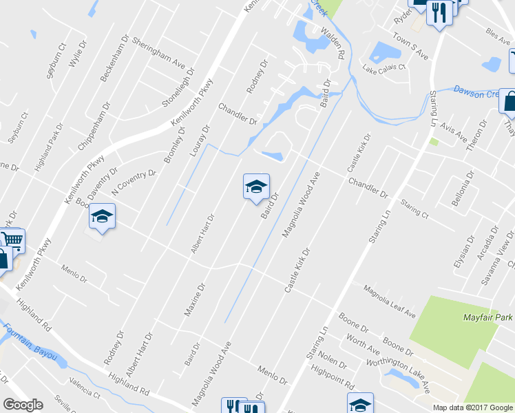 map of restaurants, bars, coffee shops, grocery stores, and more near 877 Baird Drive in Baton Rouge
