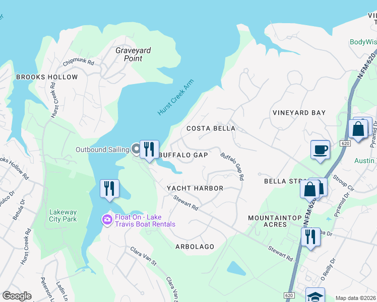 map of restaurants, bars, coffee shops, grocery stores, and more near 1472 Buffalo Gap Road in Austin