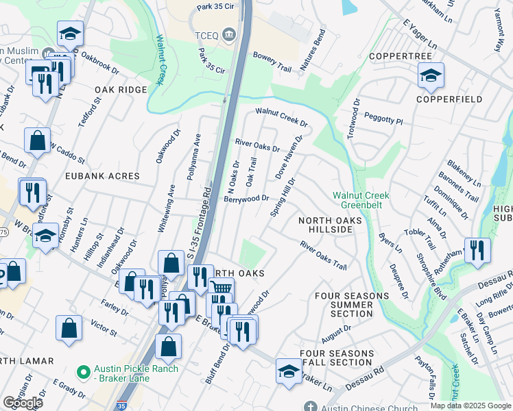 map of restaurants, bars, coffee shops, grocery stores, and more near 11608 Oak Haven Cove in Austin