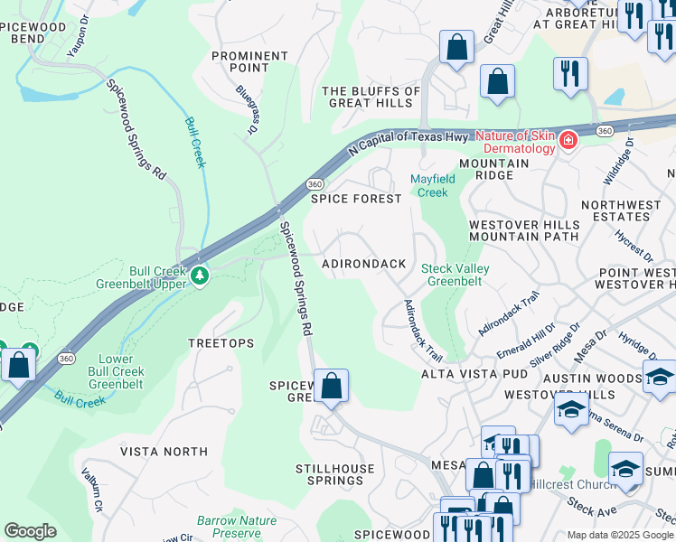 map of restaurants, bars, coffee shops, grocery stores, and more near 14 Adirondack Trail in Austin