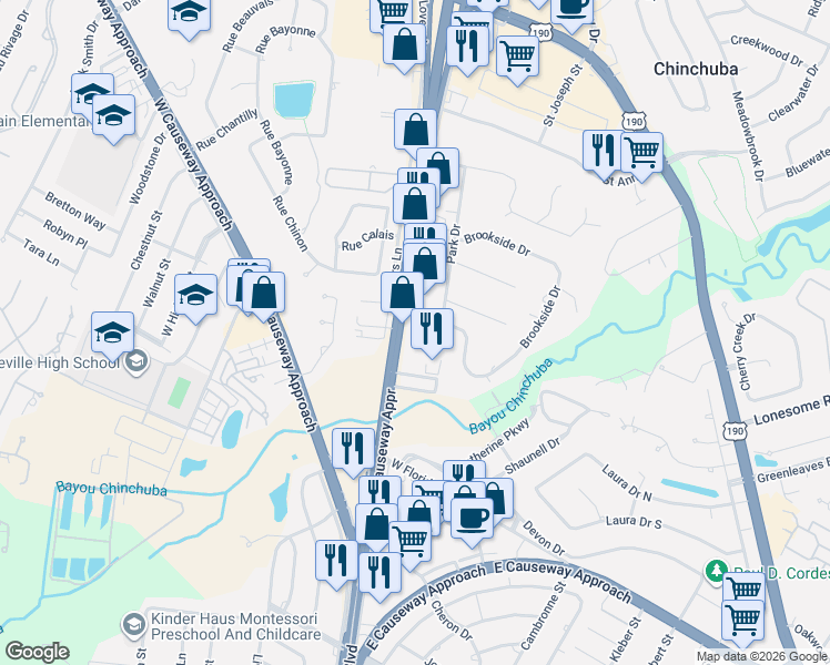 map of restaurants, bars, coffee shops, grocery stores, and more near 1131 North Causeway Boulevard in Mandeville