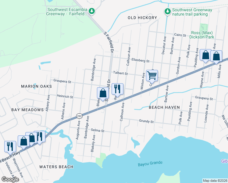 map of restaurants, bars, coffee shops, grocery stores, and more near 625 Rentz Avenue in Pensacola