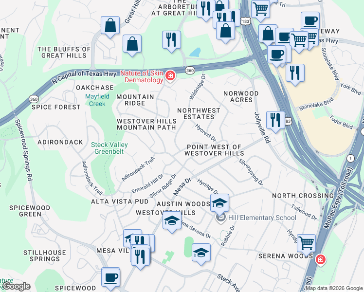 map of restaurants, bars, coffee shops, grocery stores, and more near 8706 Westover Club Drive in Austin