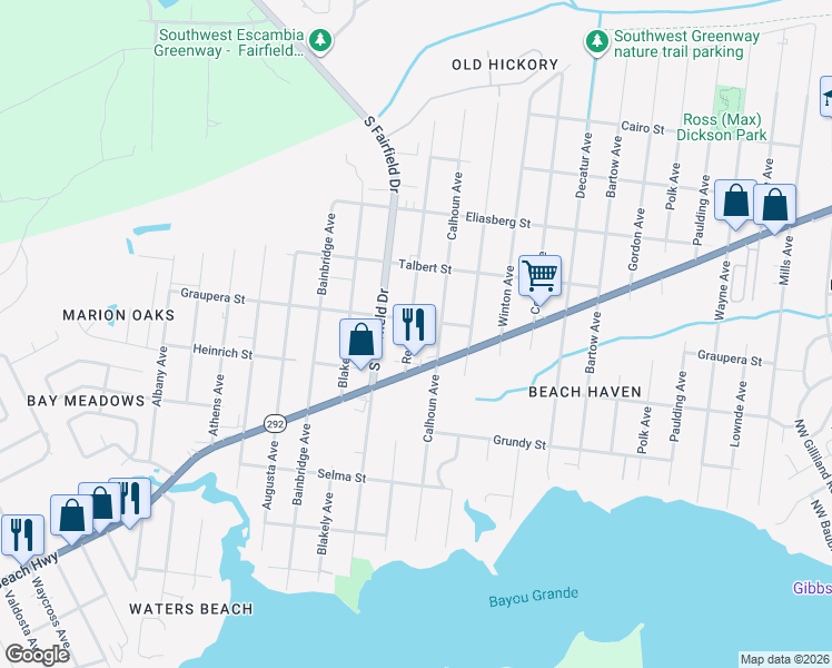 map of restaurants, bars, coffee shops, grocery stores, and more near 625 Rentz Avenue in Pensacola