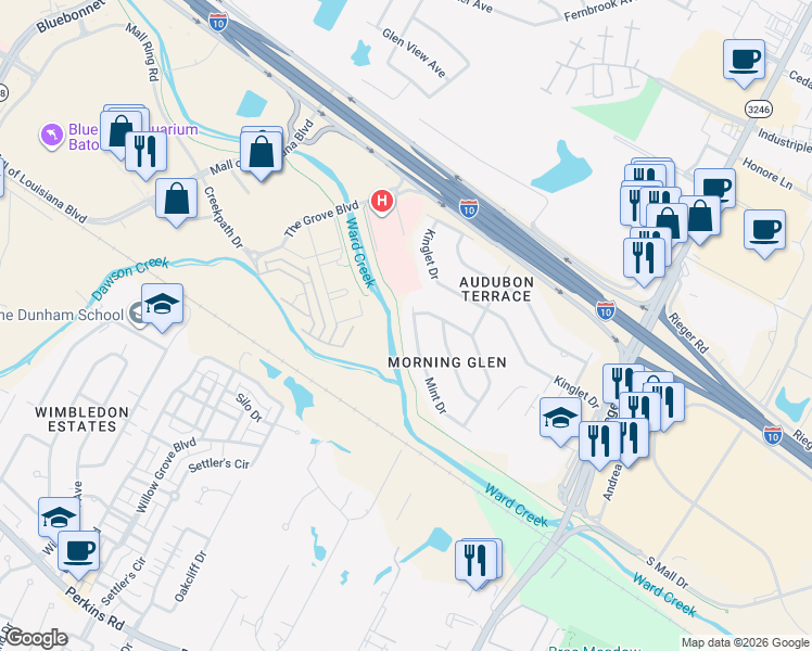 map of restaurants, bars, coffee shops, grocery stores, and more near 9734 Mint Drive in Baton Rouge