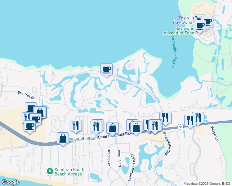 map of restaurants, bars, coffee shops, grocery stores, and more near 751 Sandpiper Drive in Miramar Beach
