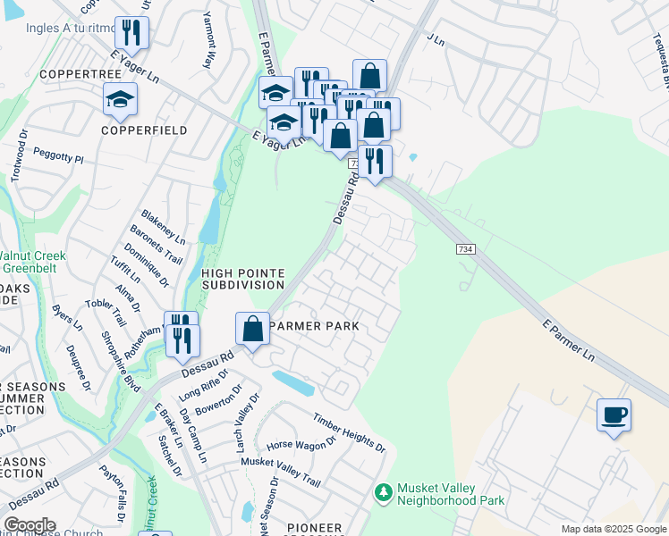 map of restaurants, bars, coffee shops, grocery stores, and more near 12113 Dessau Road in Austin