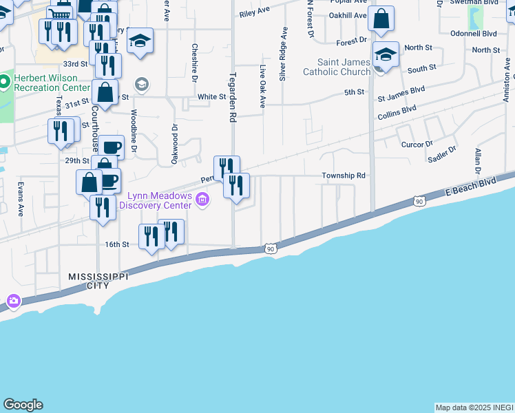 map of restaurants, bars, coffee shops, grocery stores, and more near 165 Markham Dr in Gulfport