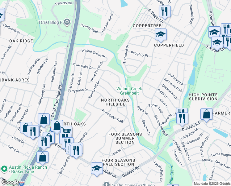 map of restaurants, bars, coffee shops, grocery stores, and more near 1001 Fall Creek Drive in Austin