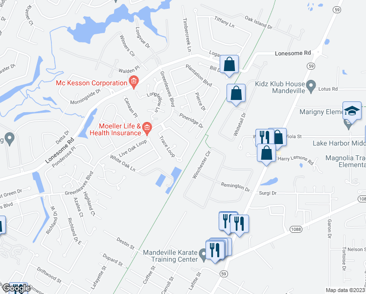 map of restaurants, bars, coffee shops, grocery stores, and more near 79 Trace Loop in Mandeville