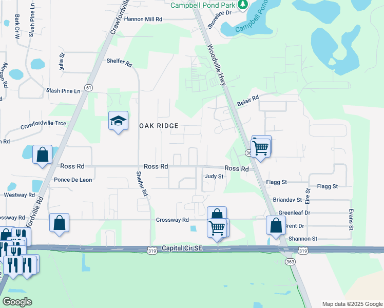 map of restaurants, bars, coffee shops, grocery stores, and more near 274 Ross Road in Tallahassee