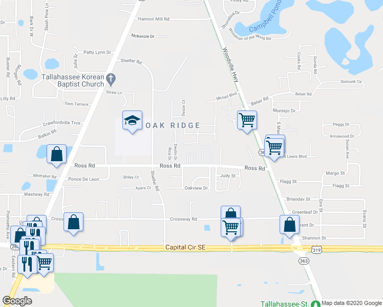 map of restaurants, bars, coffee shops, grocery stores, and more near 274 Ross Road in Tallahassee
