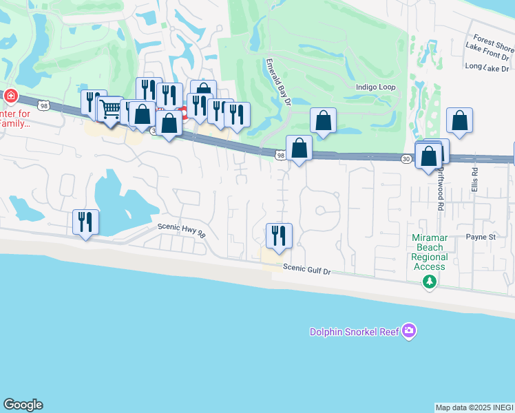 map of restaurants, bars, coffee shops, grocery stores, and more near 3695 Scenic Highway 98 in Destin