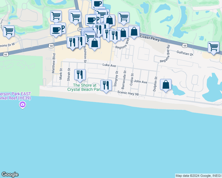 map of restaurants, bars, coffee shops, grocery stores, and more near 69 Crystal Beach Drive in Destin