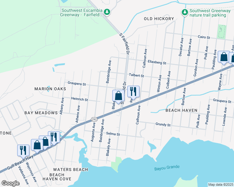 map of restaurants, bars, coffee shops, grocery stores, and more near 1720 Blakely Avenue in Pensacola