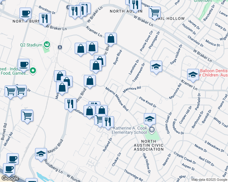 map of restaurants, bars, coffee shops, grocery stores, and more near 1810 Mearns Meadow Boulevard in Austin