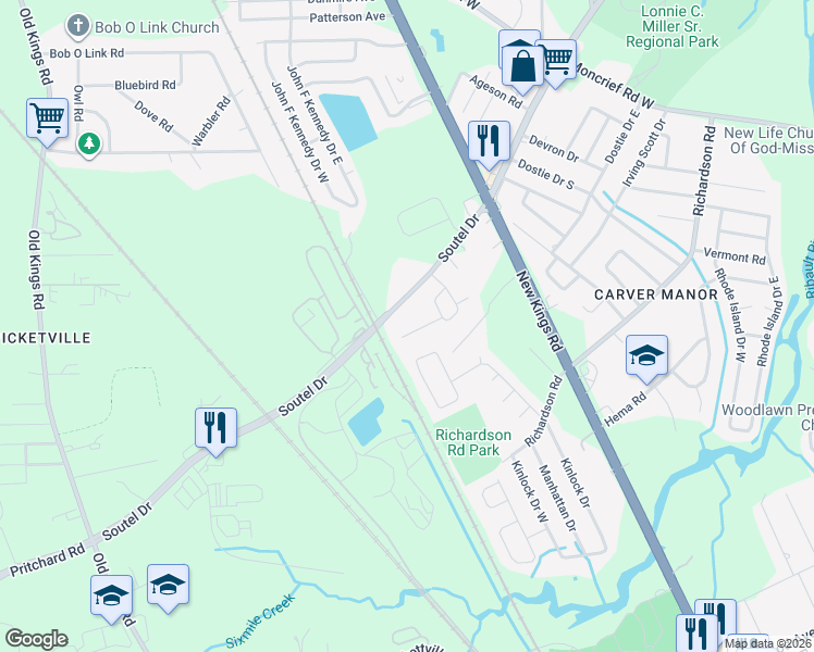 map of restaurants, bars, coffee shops, grocery stores, and more near 5855 Carver Pines Court in Jacksonville