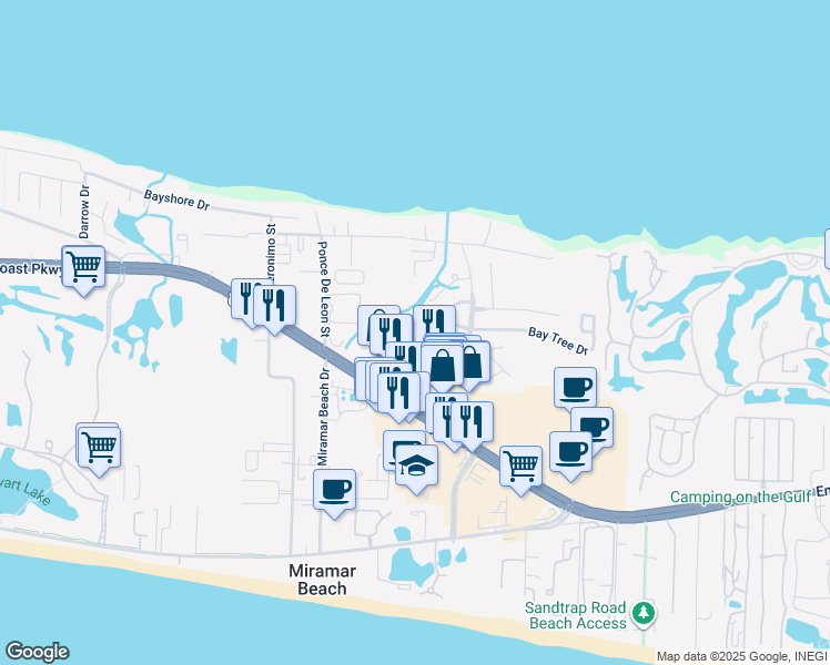 map of restaurants, bars, coffee shops, grocery stores, and more near 121 Heron Pointe Court in Miramar Beach