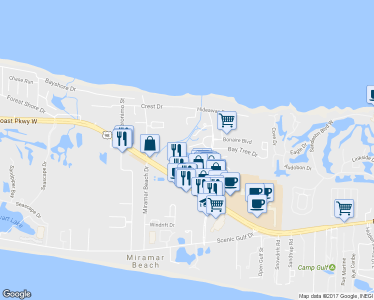 map of restaurants, bars, coffee shops, grocery stores, and more near 121 Heron Pointe Court in Destin