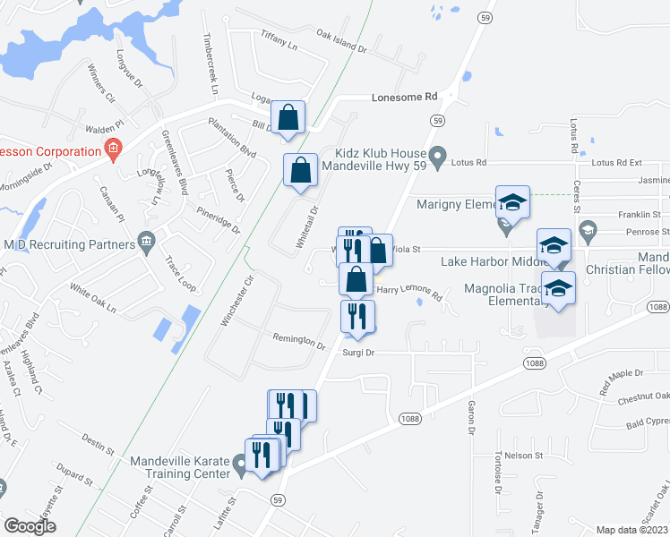 map of restaurants, bars, coffee shops, grocery stores, and more near 116 Mirabeau Place in Mandeville