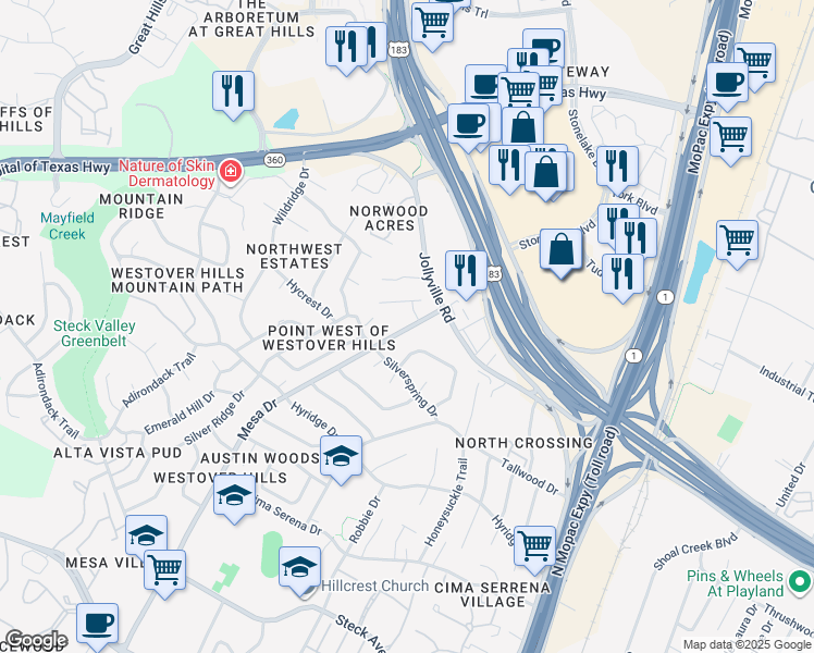map of restaurants, bars, coffee shops, grocery stores, and more near 8900a Mesa Drive in Austin