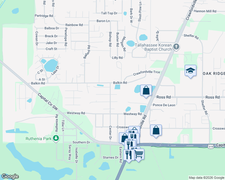 map of restaurants, bars, coffee shops, grocery stores, and more near 4655 Center Drive in Tallahassee